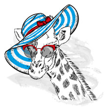 Funny Giraffe In A Beach Hat And Glasses. Animal In Clothes And Accessories. Hipster. Vector Illustration.