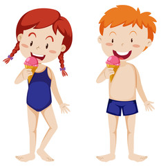 Wall Mural - Kids Eating Ice Cream on White background