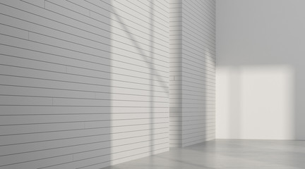 Poster - 3D rendering of the empty room space with sun light cast the window shadow on the plank wall and interior lighting,Perspective of minimal design architecture.