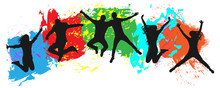 Jumping Youth On Colorful Background. Jumps Of Cheerful Young People, Friends. Joy Of The Youth Crowd Of Colorful Blobs