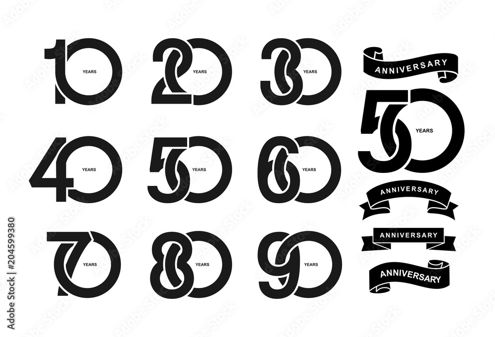 Set of anniversary pictogram icon. Flat design. 10, 20, 30, 40, 50, 60, 70, 80, 90, years birthday logo label, black and white stamp. Vector illustration. Isolated on white background - obrazy, fototapety, plakaty 