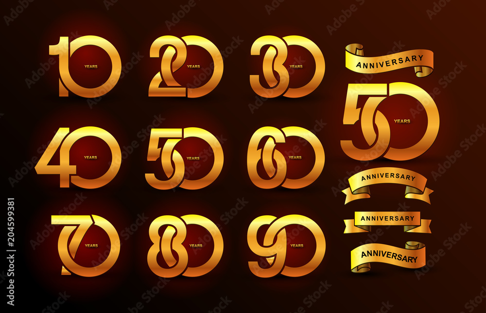 Set of anniversary pictogram gold icon. Flat design. 10, 20, 30, 40, 50, 60, 70, 80, 90, years birthday logo label, gold stamp. Vector illustration. Isolated on black background - obrazy, fototapety, plakaty 