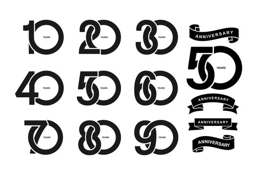 set of anniversary pictogram icon. flat design. 10, 20, 30, 40, 50, 60, 70, 80, 90, years birthday l