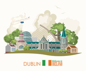 Ireland vector illustration with landmarks, irish castle, green fields. Dublin