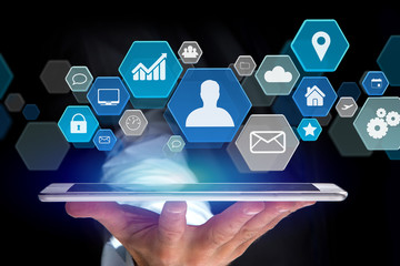 Poster - Business network application displayed on a futuristic interface