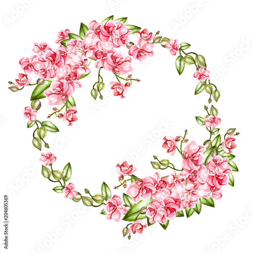 Beautiful, bright watercolor wreath with orchids.