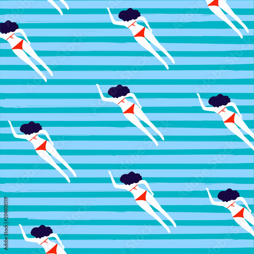 Stoffe zum Nähen Nahtlose Musterdesign mit Frau Schwimmen im Sommer. Sommerurlaub Vektor-Illustration. Sommer Reisen Hintergrundvorlage