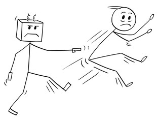 Sticker - Cartoon stick man drawing conceptual illustration of businessman kicked and fired from job by his robotic or ai robot colleague boss or replacement. Business concept o artificial intelligence