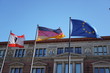 Flags of Berlin, of Germany and of the European Union fluttering