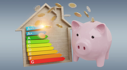 Wall Mural - energy chart rating and piggy bank illustration 3d rendering