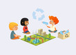 Happy kids sit on floor in circle around toy model with wind and solar power plants, redhead boy demonstrates plastic bottles and discuss recycling and ecological waste disposal. Vector illustration.
