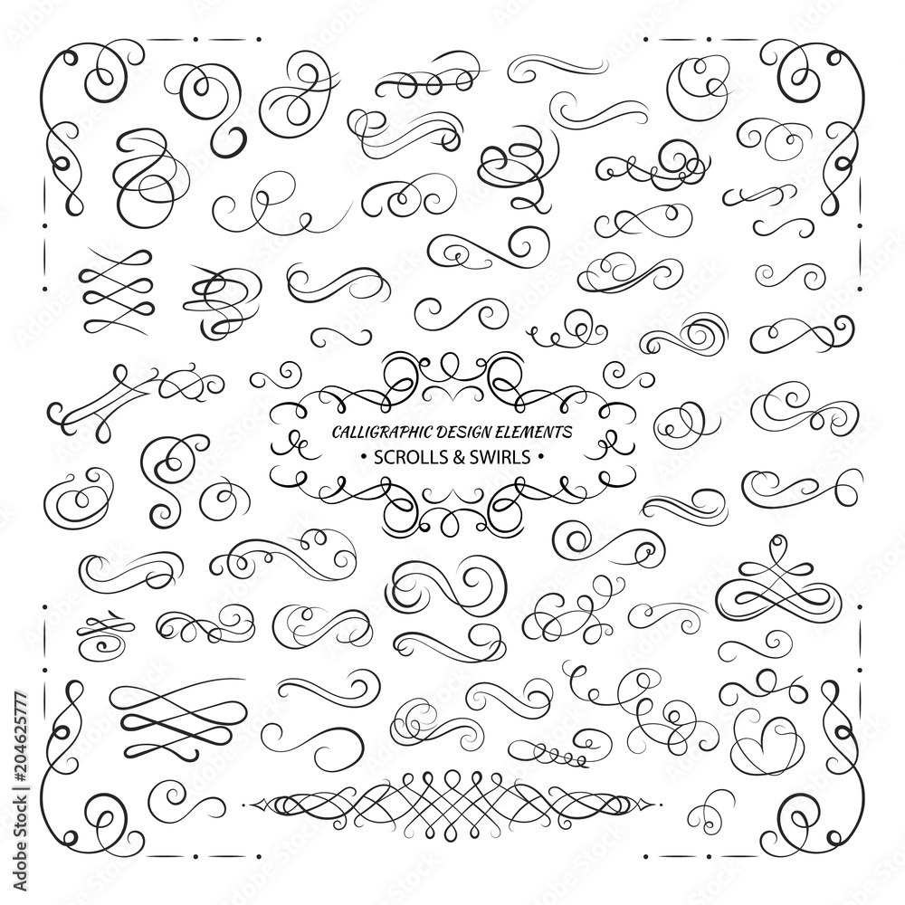 VECTOR collection of design elements, calligraphic swirls and scrolls for certificate decoration, greeting cards, wedding invitations. Black lines. - obrazy, fototapety, plakaty 