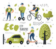 People Riding Eco Transportation. Green Urban City Transport. Ecology Concept. Man on Bicycle, Woman on Pushscooter, Electrical Car. Vector illustration