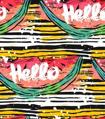 Wall Mural - Hand drawn vector striped abstract textured pattern with watermelon ang Hello lettering.Summer backgroung,vector background,texture paper,texture background,summer pattern,watermelon slice