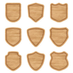 Set of realistic wooden sign plates with texture. Medieval shield signs for restaurants, pubs, bars. Blank banners with bold frames. Eps10 vector