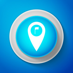 Poster - White Map pointer with golf flag icon isolated on blue background. Location marker symbol. Circle blue button with white line. Vector Illustration
