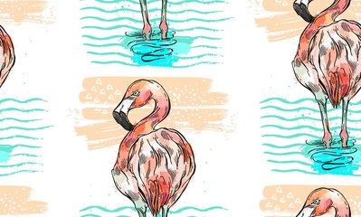 Sticker - Hand drawn vector seamless summer textured pattern of flamingo,who stand in blue ocean waves.