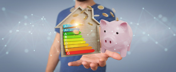 Wall Mural - businessman saving money with good energy chart rating 3d rendering