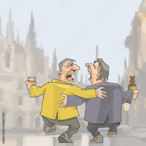 Fotografia, Obraz cartoon two drunken singing men walking around the city