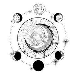 
the face of the moon, the stars, the Masonic tattoo, the design of T-shirts, alchemy, Akultism, medieval religion, retro, spirituality and isoteric tattoo. space and stars. vector graphic