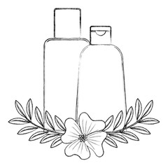 Sticker - set bottles products beautiful with floral decoration vector illustration design