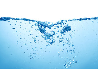  clean blue water with splash and air bubbles on white background