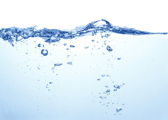 clean blue water with splash and air bubbles on white background