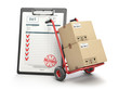 Delivery service concept. Hand truck with parcel carton cardboard boxes and  clipboard with receipt form isolated on white.