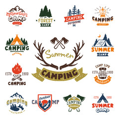 Wall Mural - set of vintage woods camp badges and travel logo hand drawn emblems nature mountain camp outdoor vec