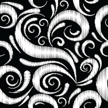 Embroidery Ethnic Style Floral Seamless Pattern. Vector Abstract Grunge Background. Vintage Hand Drawn Tapestry Flowers, Leaves, Shapes, Curves, Lines, Swirl. Embroidered Ornate Black White Design