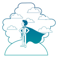 Poster - hero man using cape standing in landscape clouds sky vector illustration neon color