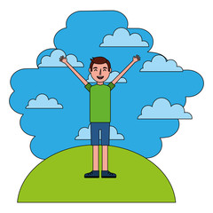 Poster - young boy celebratring in landscape avatar vector illustration design