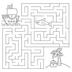 Wall Mural - Educational maze game for children. Help the pirates ship find right way to the island with treasure chest, beware of shark! Coloring page. Vector illustration