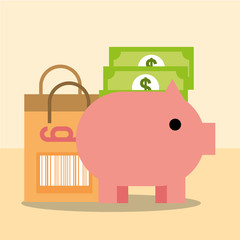 Canvas Print - online shopping commerce piggy bank bag and money currency vector illustration