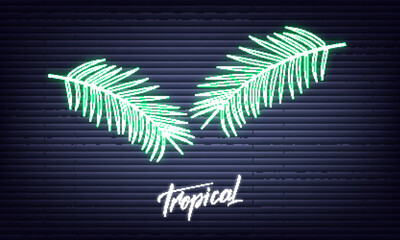 Wall Mural - Tropical neon palm leaves. Glowing sign of coconut palm exotic leaves