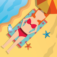 Canvas Print - summer time - beach woman lying in towel with umbrella sunblock starfishes top view vector illustration