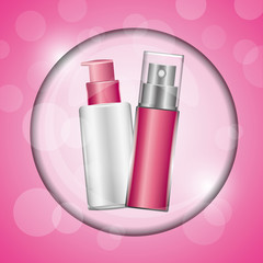 Wall Mural - perfume and spray lotion cosmetics makeup pink blur background vector illustration