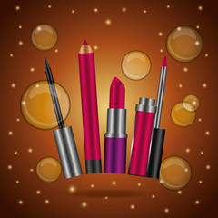 Sticker - cosmetics makeup mascara lipliner gloss lipstick brown blurred bubbles vector illustration