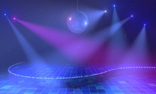 Empty Open Stage With Mirror Ball, Lights And Stars Above Blue Tiled Floor. 3d Render.