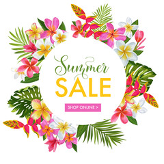 Wall Mural - Summer Sale Tropical Banner. Seasonal Promotion with Plumeria Flowers and Palm Leaves. Floral Discount Template Design for Poster, Flyer, Gift Certificate. Vector illustration