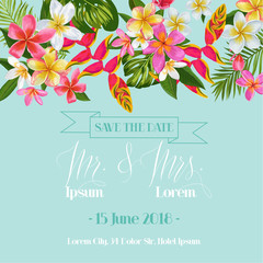 Wedding Invitation Template with Plumeria Flowers. Tropical Floral Save the Date Card. Exotic Flower Romantic Design for Greeting Postcard, Birthday, Anniversary. Vector illustration