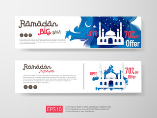 Wall Mural - Ramadan sale offer banner set design. Promotion poster, voucher, discount, label, greeting card of Ramadan Kareem and Eid Mubarak celebration. blue watercolor background vector illustration