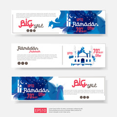 Wall Mural - Ramadan sale offer banner set design. Promotion poster, voucher, discount, label, greeting card of Ramadan Kareem and Eid Mubarak celebration. blue watercolor background vector illustration