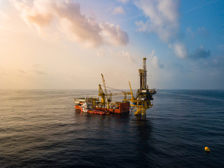 Aerial View of Tender Drilling Oil Rig (Barge Oil Rig) in The Middle of The Ocean