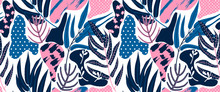 Seamless Pattern, Hand Drawn Abstract Plant, Leaf And Flowers, Pink And Blue Tones On White Background