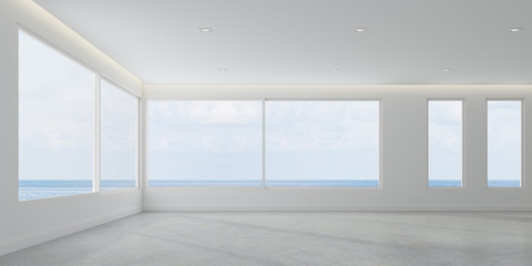 3D rendering of white room space with interior lighting and sun light cast the window shadow on the wall and floor on sea view background,Perspective of minimal design architecture	