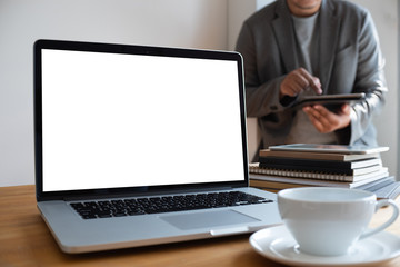 Poster - Laptop with blank screen on table. Workspace background new project on laptop computer with blank copy space screen for your advertising text message