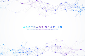 Geometric graphic background artificial intelligence. Turbulence flow trail. Futuristic science and technology background. Big data visualization complex with compounds. Cybernetics illustration