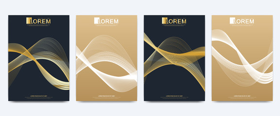 Poster - Modern vector template for brochure, leaflet, flyer, cover, catalog, magazine or annual report in A4 size. Business, science and technology design book layout. Presentation with golden waves.