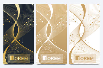 Poster - Modern set of vector flyers. Molecule and communication background. Geometric abstract golden package. Connected line with dots. Golden design in trendy linear style.